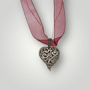 Sterling Silver 925 Marcasite Heart Pendant Necklace Ribbon & Chain 18 inch